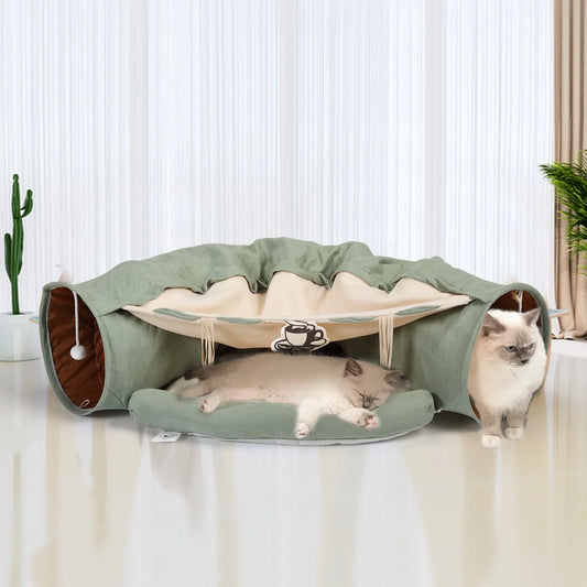 2 in 1 Cat Tunnel Beds for Indoor Cat Play Mat Scratch Tunnel Collapsible Cat House